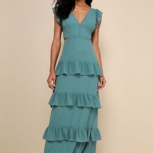 New Lulus Elegant Mentality Teal Blue Ruffled Tiered Cutout Maxi Dress - Size L